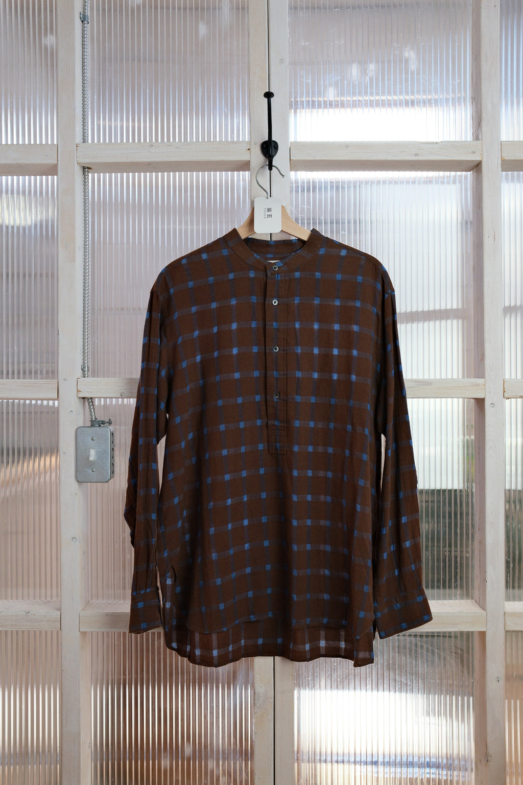 Ernie Palo - Band Collar Popover Shirt  - Cotton Cupro Brown/Blue Check
