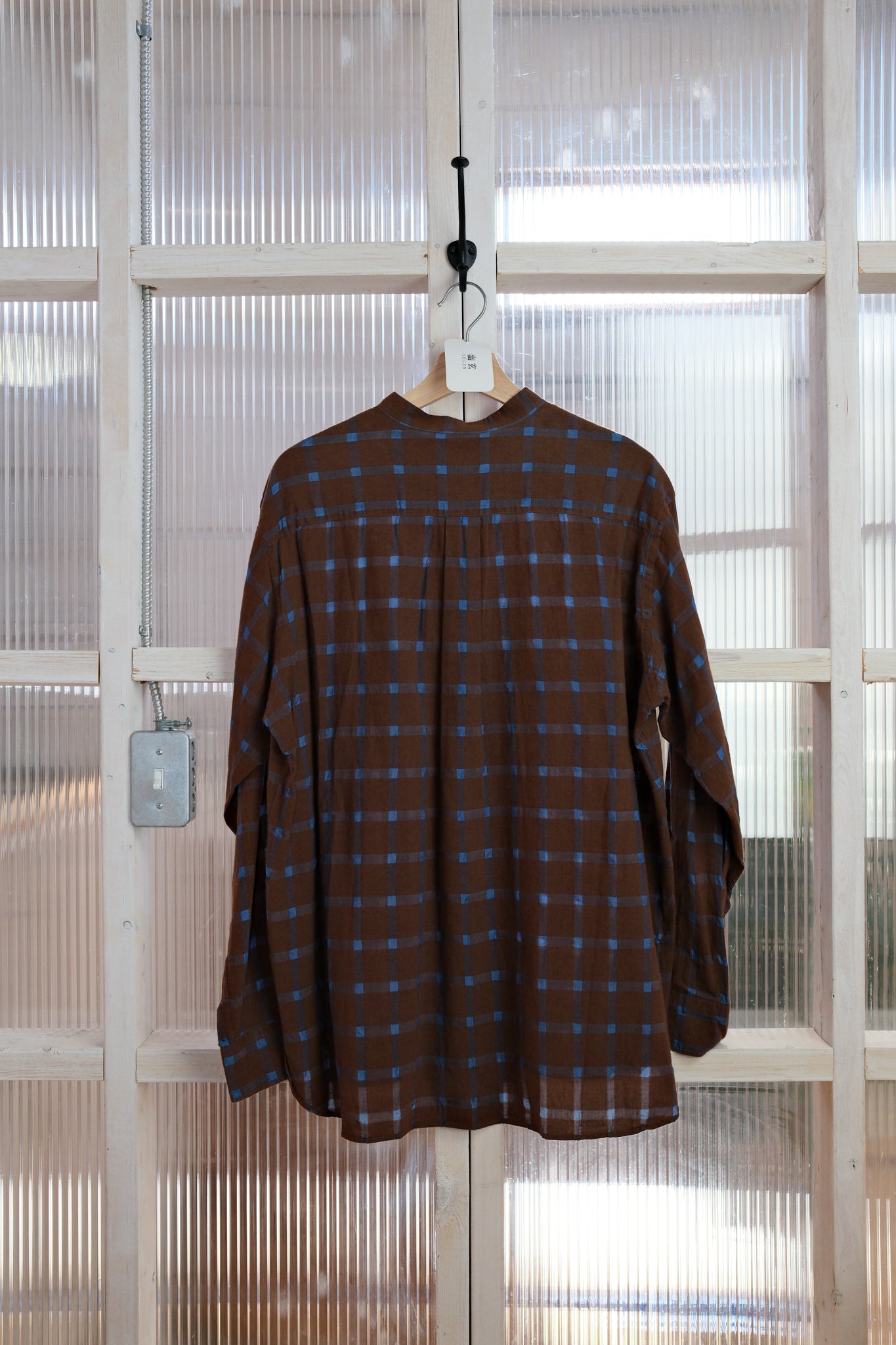 Ernie Palo - Band Collar Popover Shirt  - Cotton Cupro Brown/Blue Check